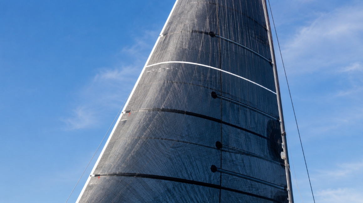 Black continuous-fibre membrane mainsail under sail