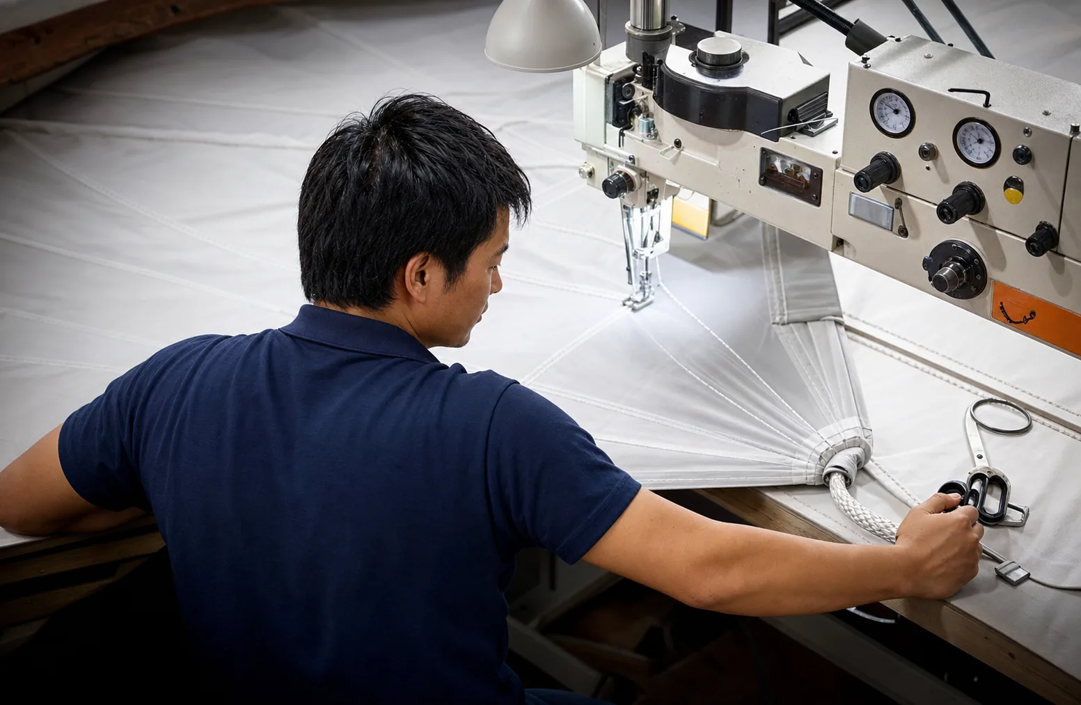 A sailmaker working on a reinforced sail corner