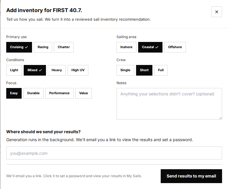 AI sail inventory brief for a FIRST 40.7 with use, sailing area, conditions, crew and focus choices
