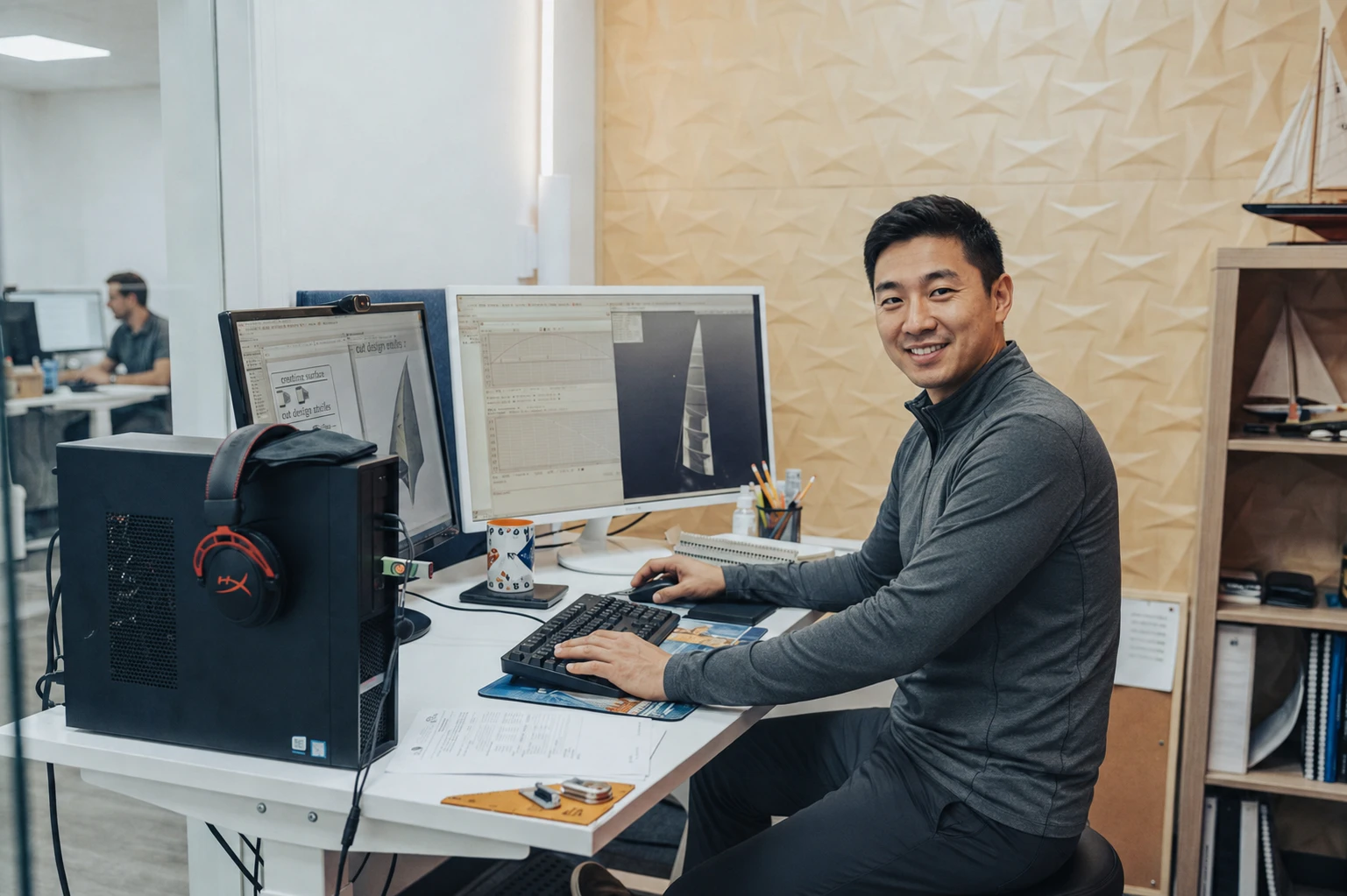 A sail designer reviewing a sail design at a workstation