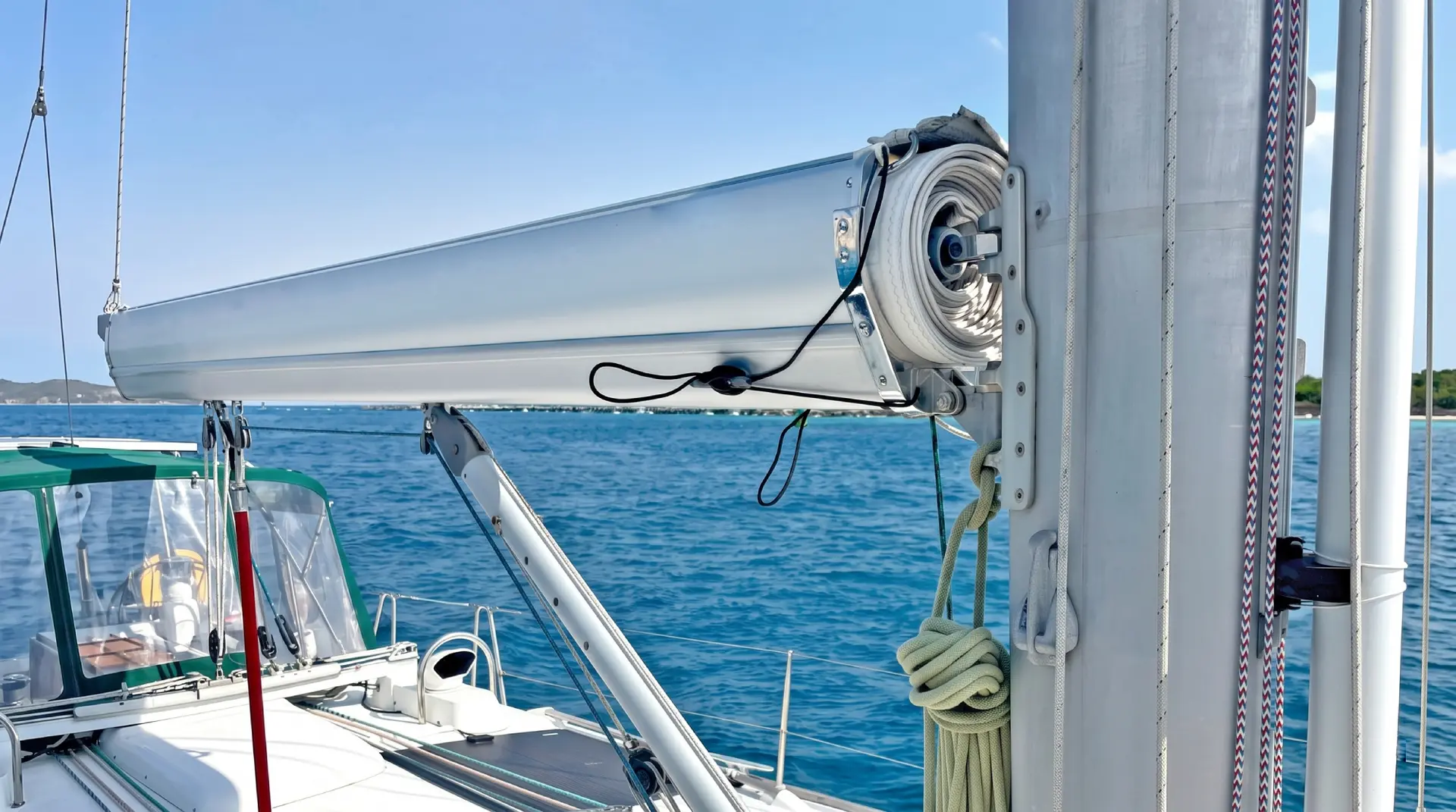 In-boom furling boom with its forward-end mechanism exposed