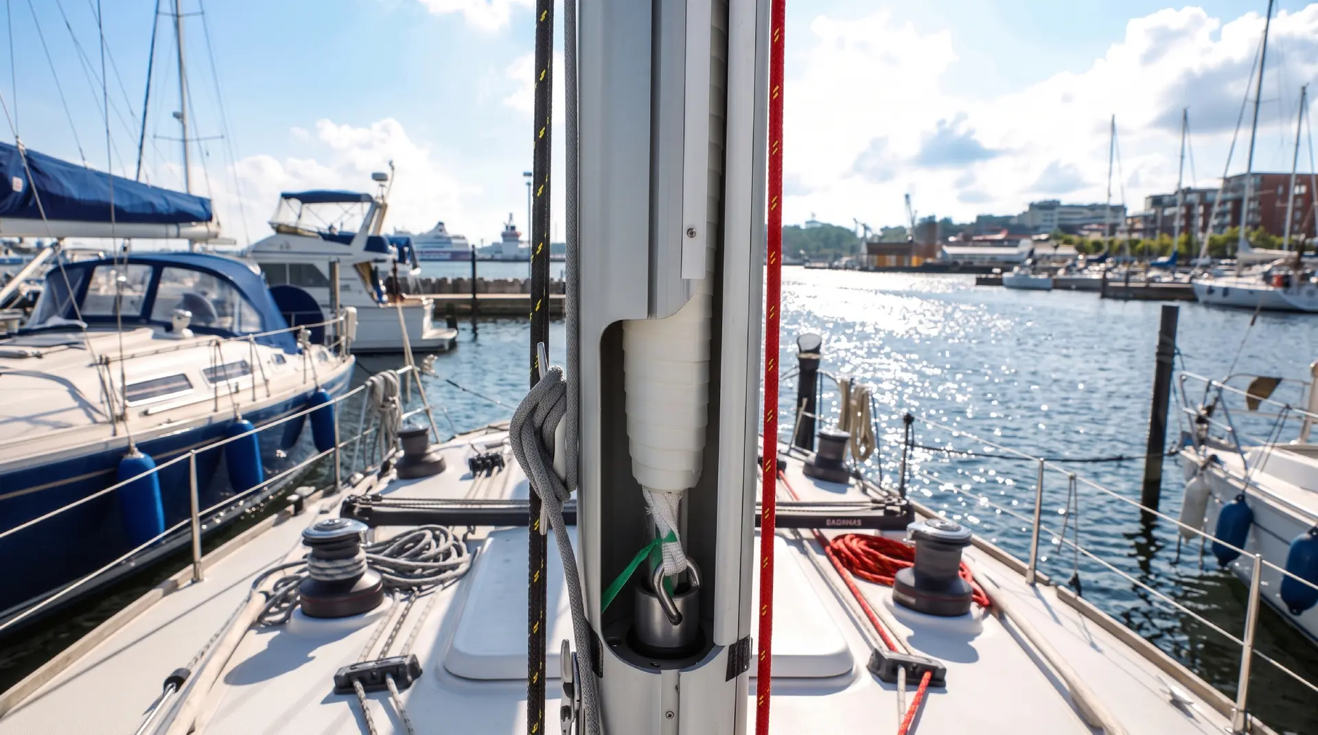 Deck-level view of an in-mast furling system and mast slot