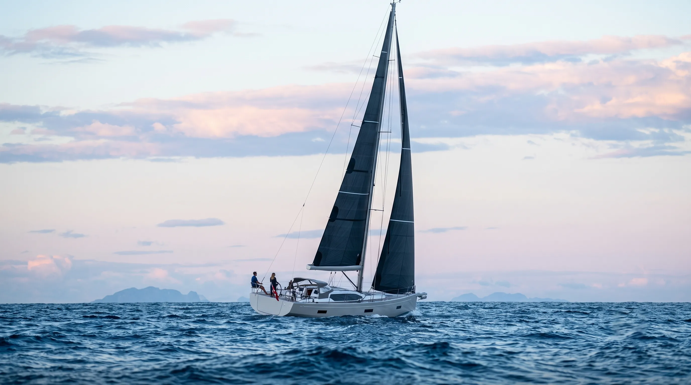 Cruising yacht with black sails at sea